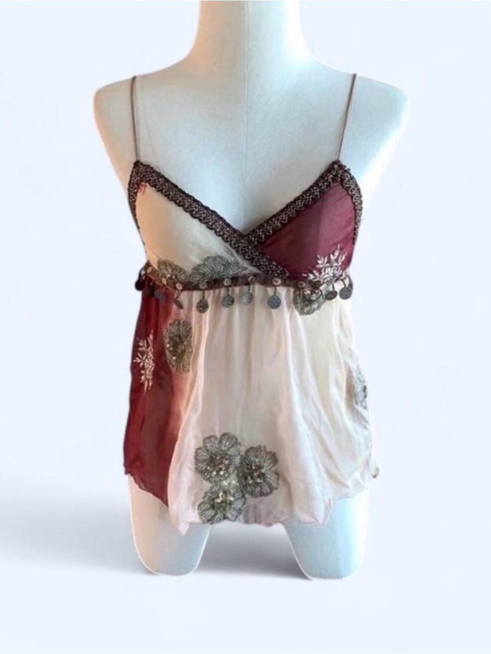Women's Burgundy and Cream Lace-Trim Camisole